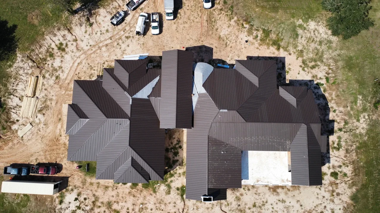 Overhead drone view of a large standing seam roof